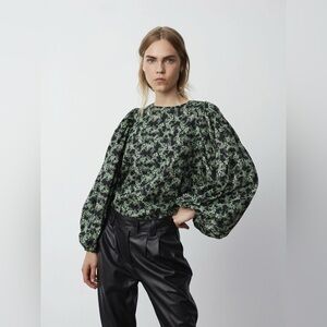 Sofie Schnoor Floral Balloon Sleeve Blouse Green/Navy
